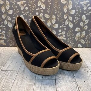 TORY BURCH MAJORCA BLACK CANVAS TAN LEATHER PEEP TOE WEDGE ESPADRILLES 6.5